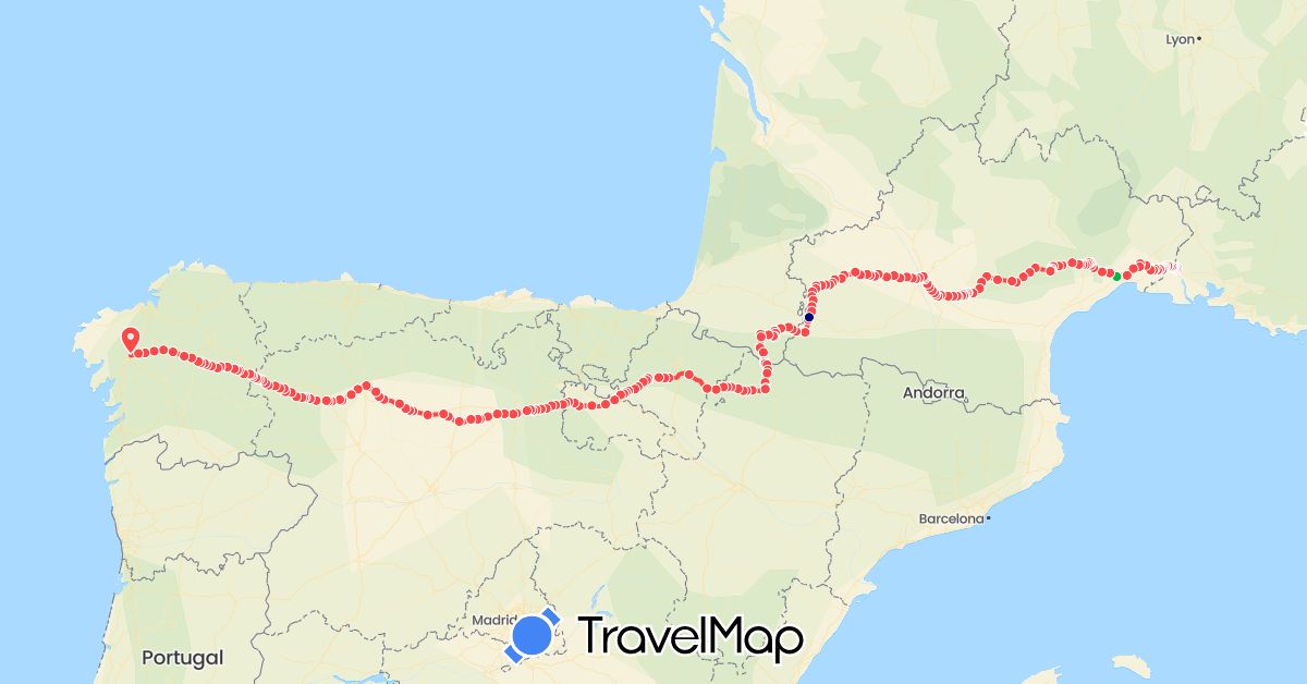 TravelMap itinerary: driving, bus, hiking in Spain, France (Europe)